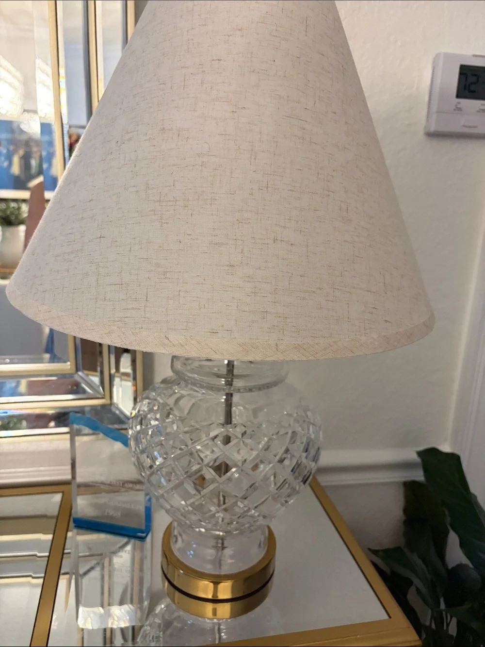 2 Waterford Crystal Cut Glass Table Lamp with Cream Shade and Gold Accent
